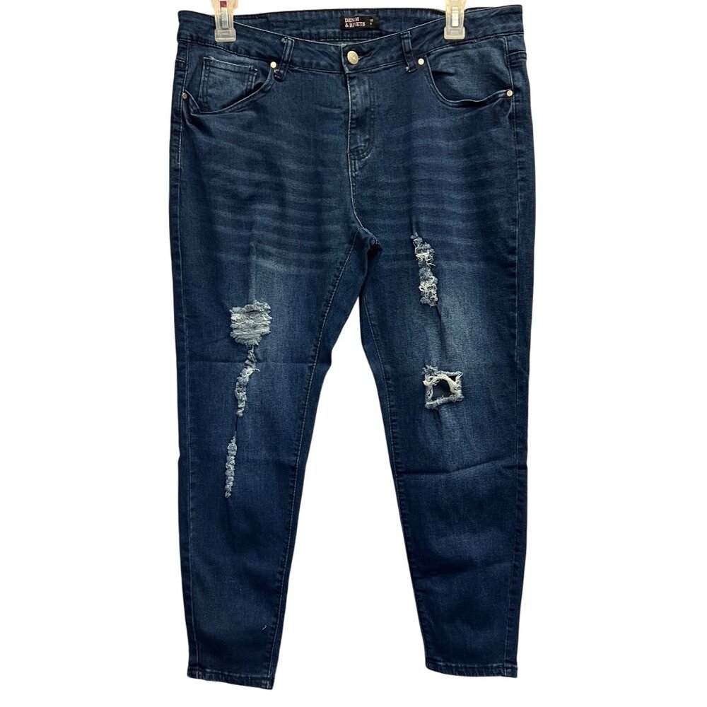 Denim & Rivets Womens Distressed Tapered Leg Jeans 16 Mid Stretch Blue Denim - Picture 1 of 2